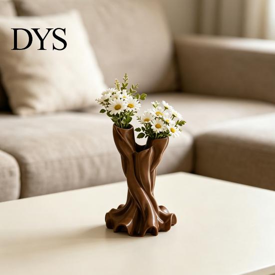 3D Printed Flower Vase Vase, Matte Wood Grain Double Tube Ornament, Mid Unique Resin Holder Century Style Floral Arrangement, for Dried Flowers