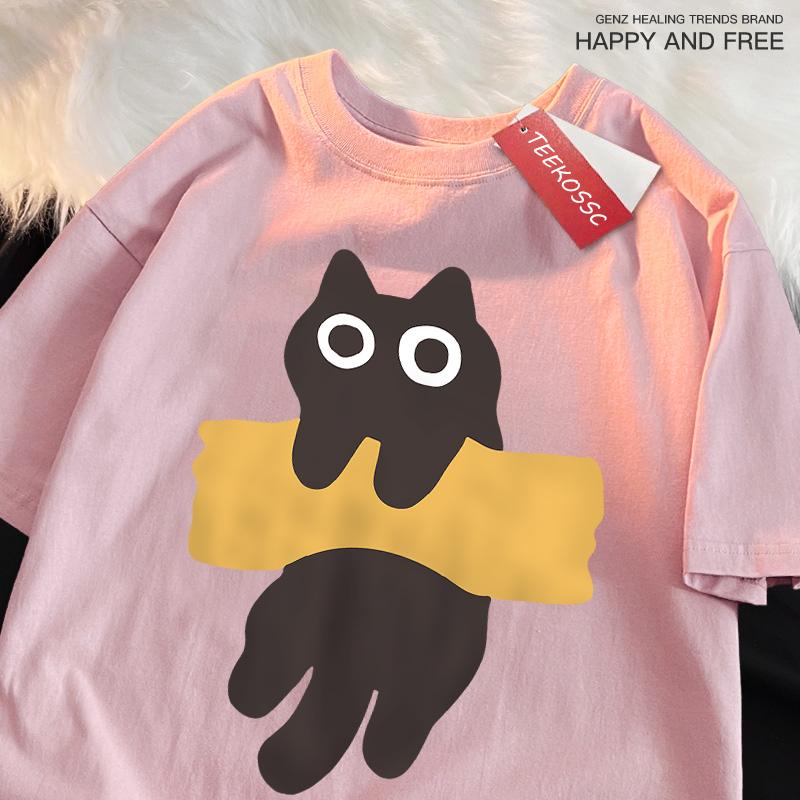 Забавная клейкая лента с принтом кошки в японском стиле, мужские и женские хлопковые футболки оверсайз с коротким рукавом и круглым вырезом, новые топы и футболки