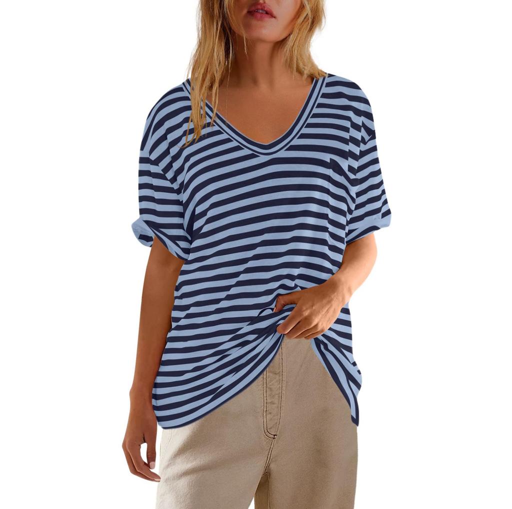 Womens Summer Tops Oversized Striped T Shirts Short Sleeve  Tunic Tops Tee Blouse