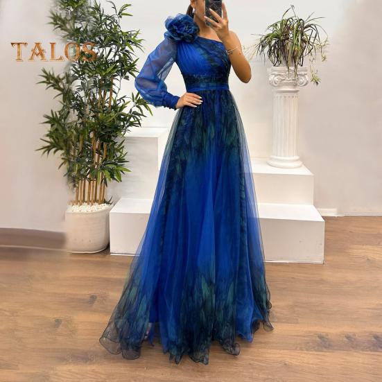 Женское вечернее платье с 3D-цветочным декором на одно плечо, плиссированное, сетчатое, банкетное платье, одно плечо, длинный рукав, тонкая талия, А-силуэт, длина до пола, разрез, подол, шар