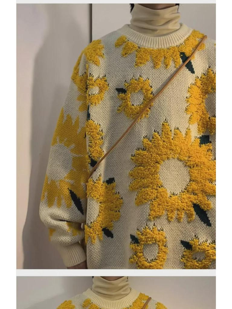 Мужской ретро-джемпер с жаккардовым узором «Японская хризантема» - Уютный осенний пуловер с круглым вырезом