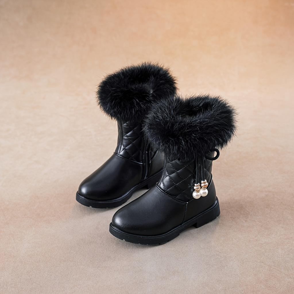 Girls' Winter Boots 2024, Warm Cute Pearl Bowknot, Quilted Pattern, Cartoon Solid Color