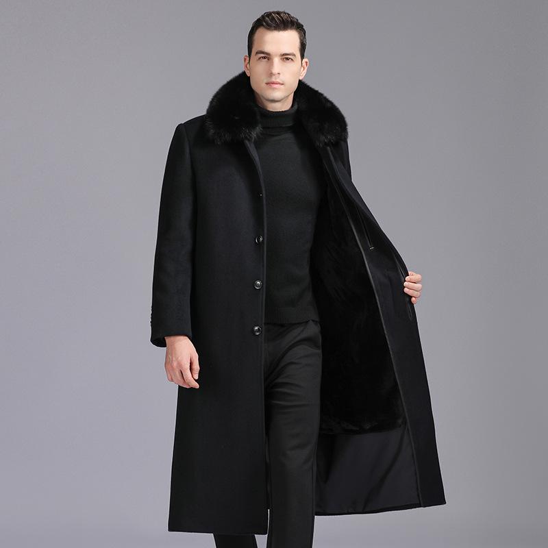 Съемное шерстяное пальто из шерсти для мужчин среднего и пожилого возраста с воротником из натурального меха и бархатным утолщением выше колена
