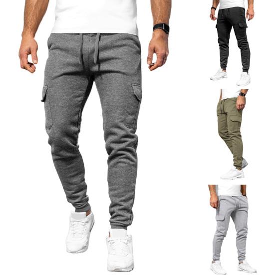 Men Winter Sweatpants Drawstring Waist Fleece-Lined Jogger Pants with Multiple Pockets Solid Color Thick Cargo Pants for Work Street Wear