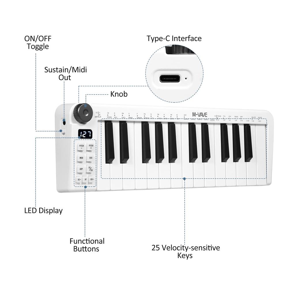 MIDI Rechargeable MIDI Control Mini Portable USB Keyboard MIDI 25 1 Knob SMK-25mini Keyboard, 25-Key Keyboard, Controller, Velocity-Sensitive Keys,