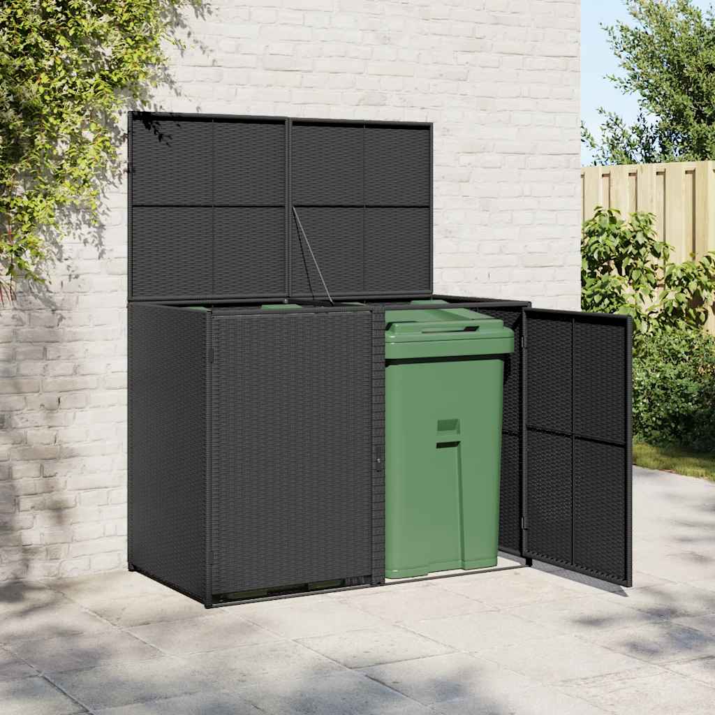 2 Bin Waste Bin Enclosure in Black Poly Rattan 148 x 80 x 111 cm