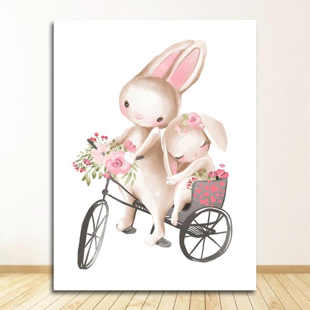 Розовые цветы, мультяшная картина для девочек, декор для детской комнаты, постер с кроликом, картины с животными, детская настенная живопись с кроликом, холст, живопись