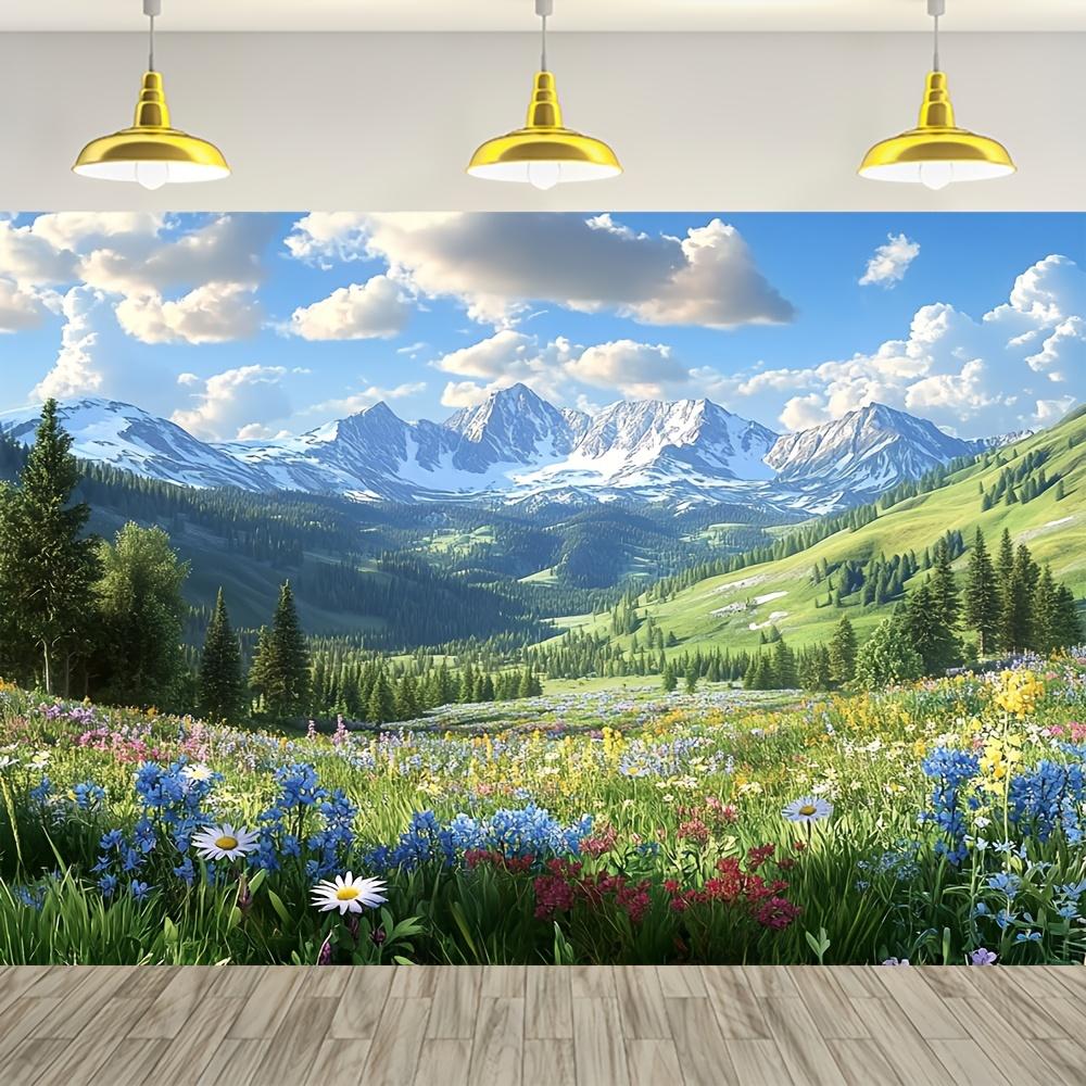2D plane, 1 piece of a spring-themed blooming flower and mountain scenery background banner