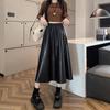 Plus Size High Waist PU Leather Midi A-Line Skirt for Autumn/Winter