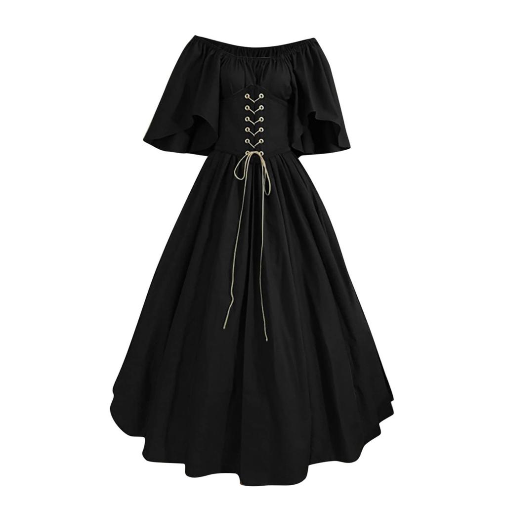 Women's Fashion Retro Solid Color Slim Fit Dress With Flying Sleeves And Large Swing Skirt, Off Shoulder Dress