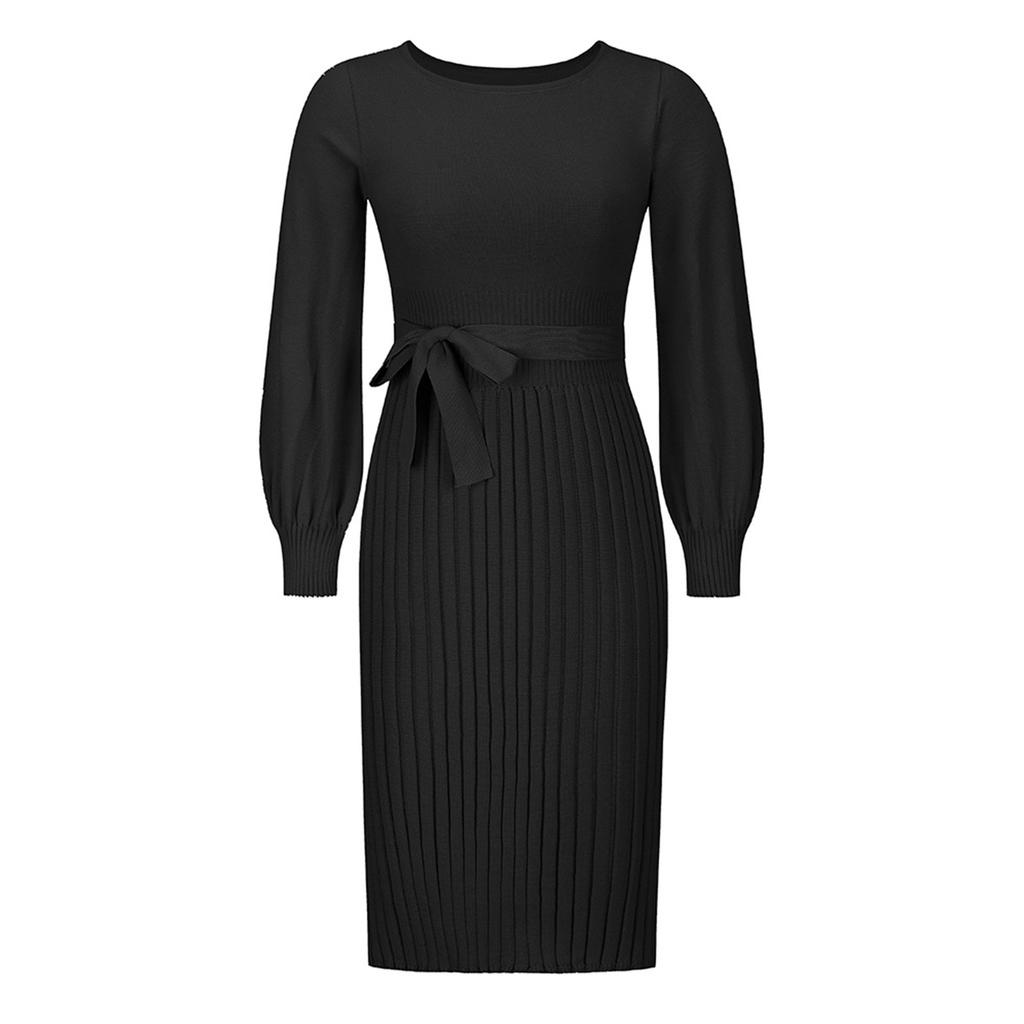 Women's Fashion Casual Solid Color Round Neck Long Sleeves Knitted Slim Fit Pleated Dress