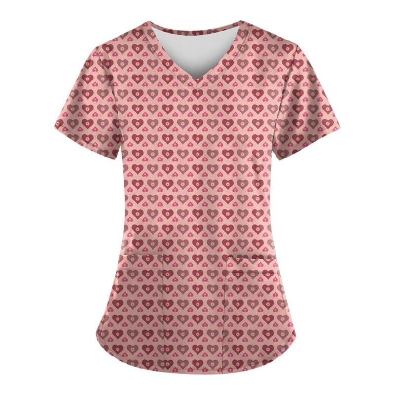 Tops Women Scrub Nurse Print Short Sleeve Cartoon V-Neck Tops Working T-Shirts Heart Print Healthcare Tunic Carers Workwear Tops