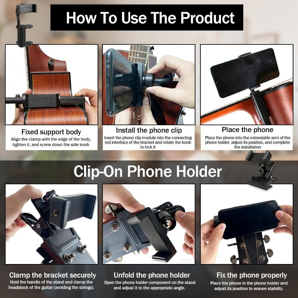 Guitar phone holder, available in two styles. This adjustable, rotatable guitar phone mount works for guitars/ukuleles (thickness 2.36"-4.13").