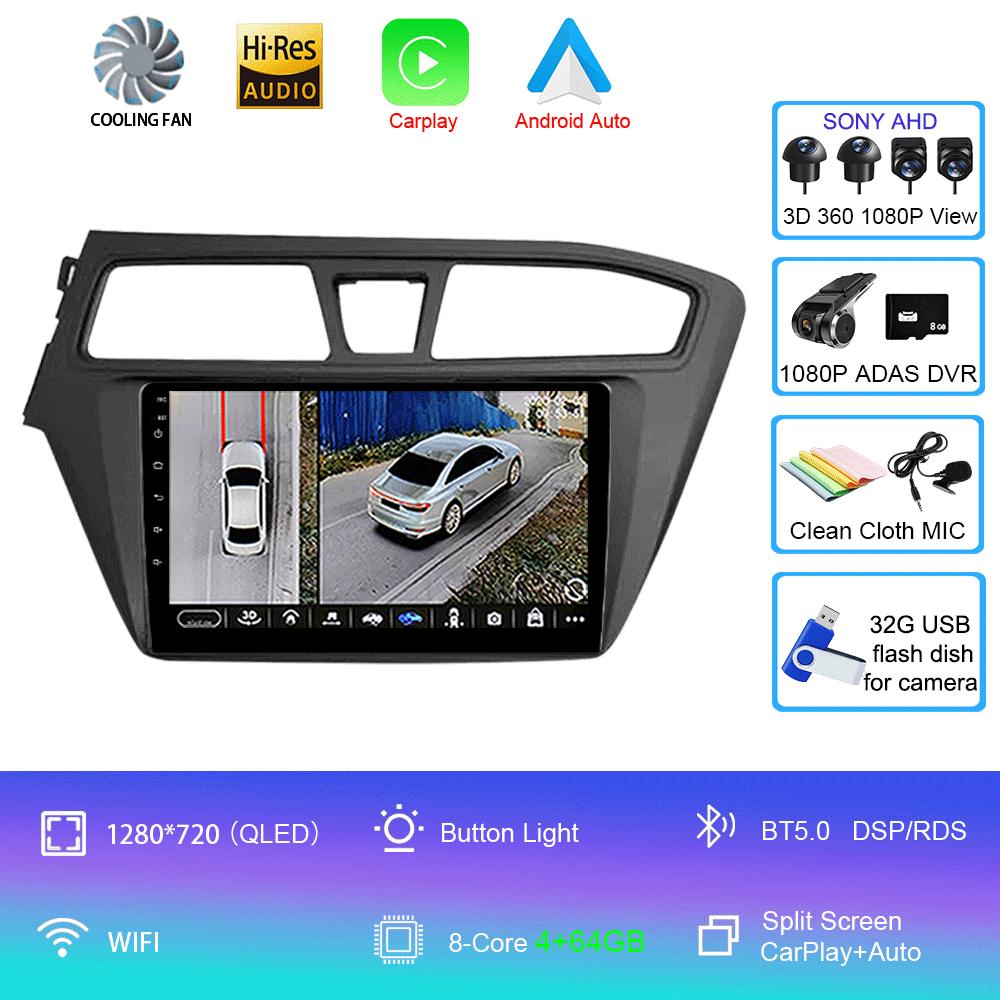 Android 14 WIFI+4G Автомагнитола для Hyundai I20 LHD 2015 2016 2017 2018 Стерео GPS Carplay Auto Мультимедийный Видеоплеер 360 Камера