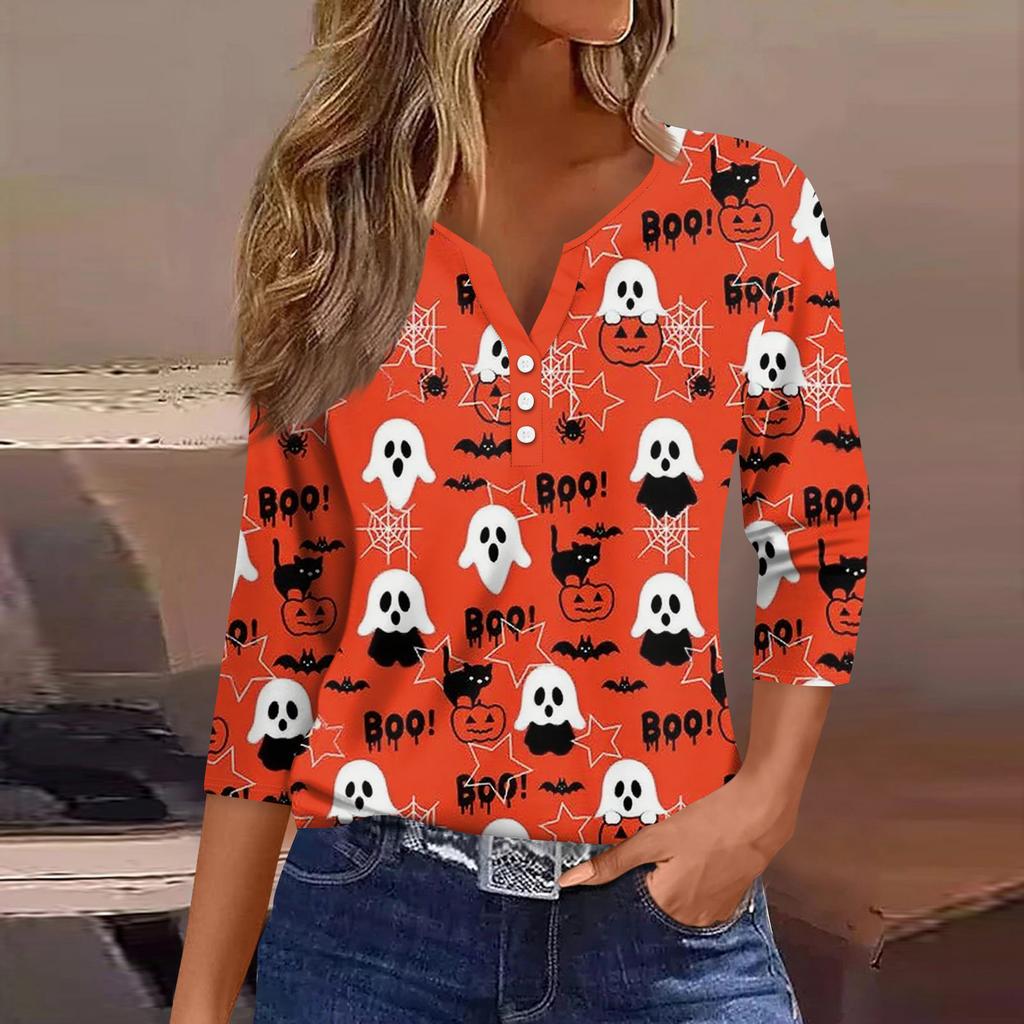 Women's T Shirt Tee Print Button 3/4 SleeveDaily Weekend Fashion Basic V- Neck Regular Top