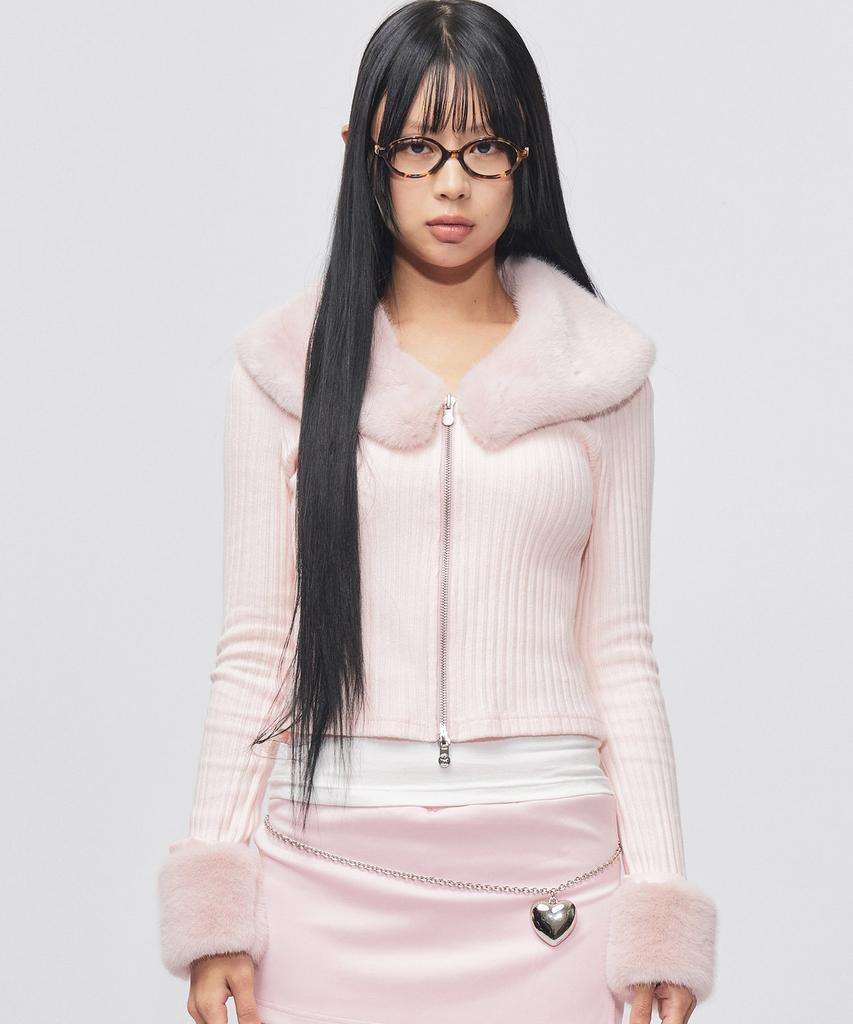 RAWMANTICS Mini Fur Ribbed Zip-Up Cardigan Pink