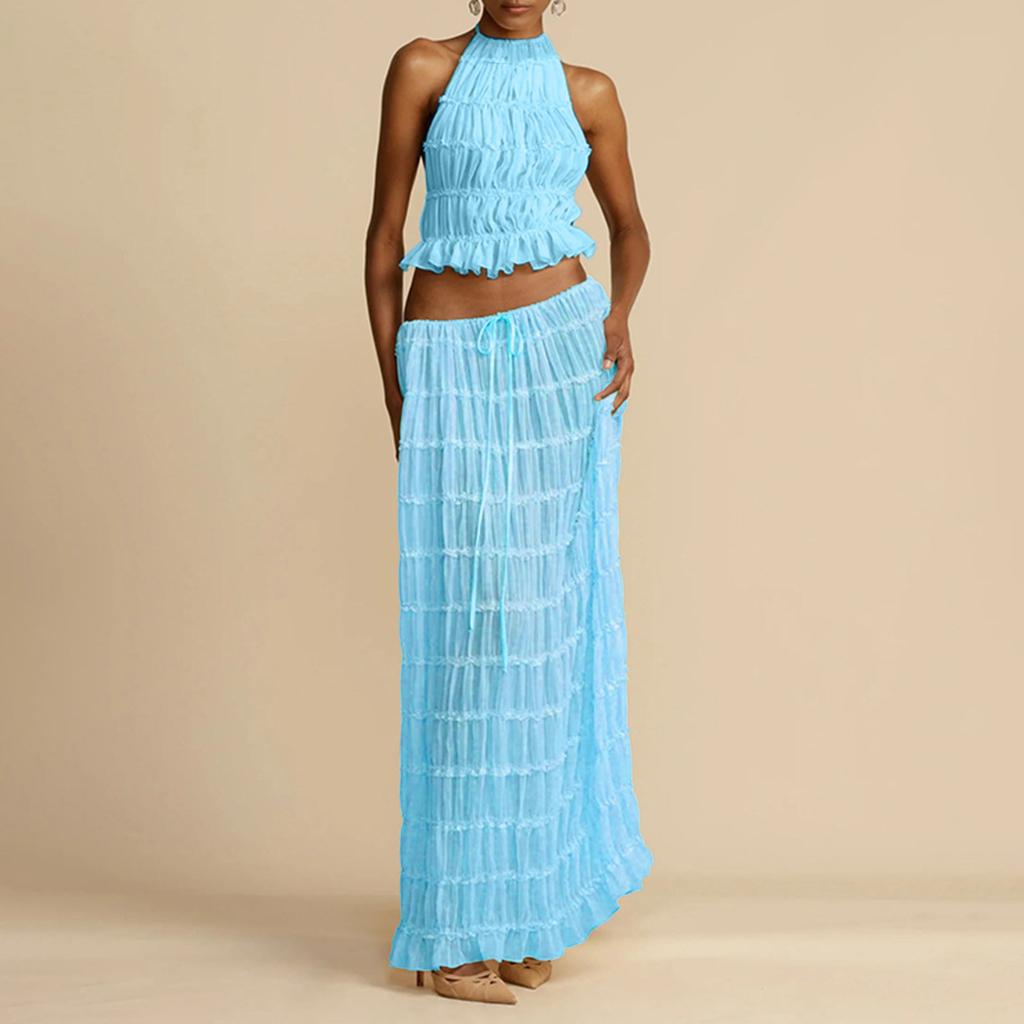 Женский легкий дышащий однотонный сексуальный кружевной топ и юбка с открытой спиной, комплект из двух предметов, свободное платье для отдыха на море