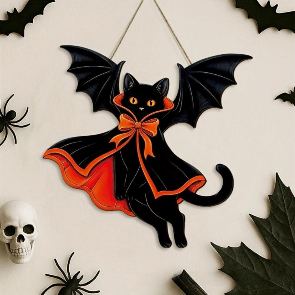 Wooden Black Cat Pendant 2D Flat Halloween Decoration Vintage Hanging Decoration Sign Halloween