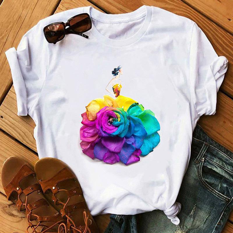 Мода Цветы Красная Роза Принт Юбка Футболка Женская Футболка Женская Харадзюку Короткий Рукав Летние Топы Футболка