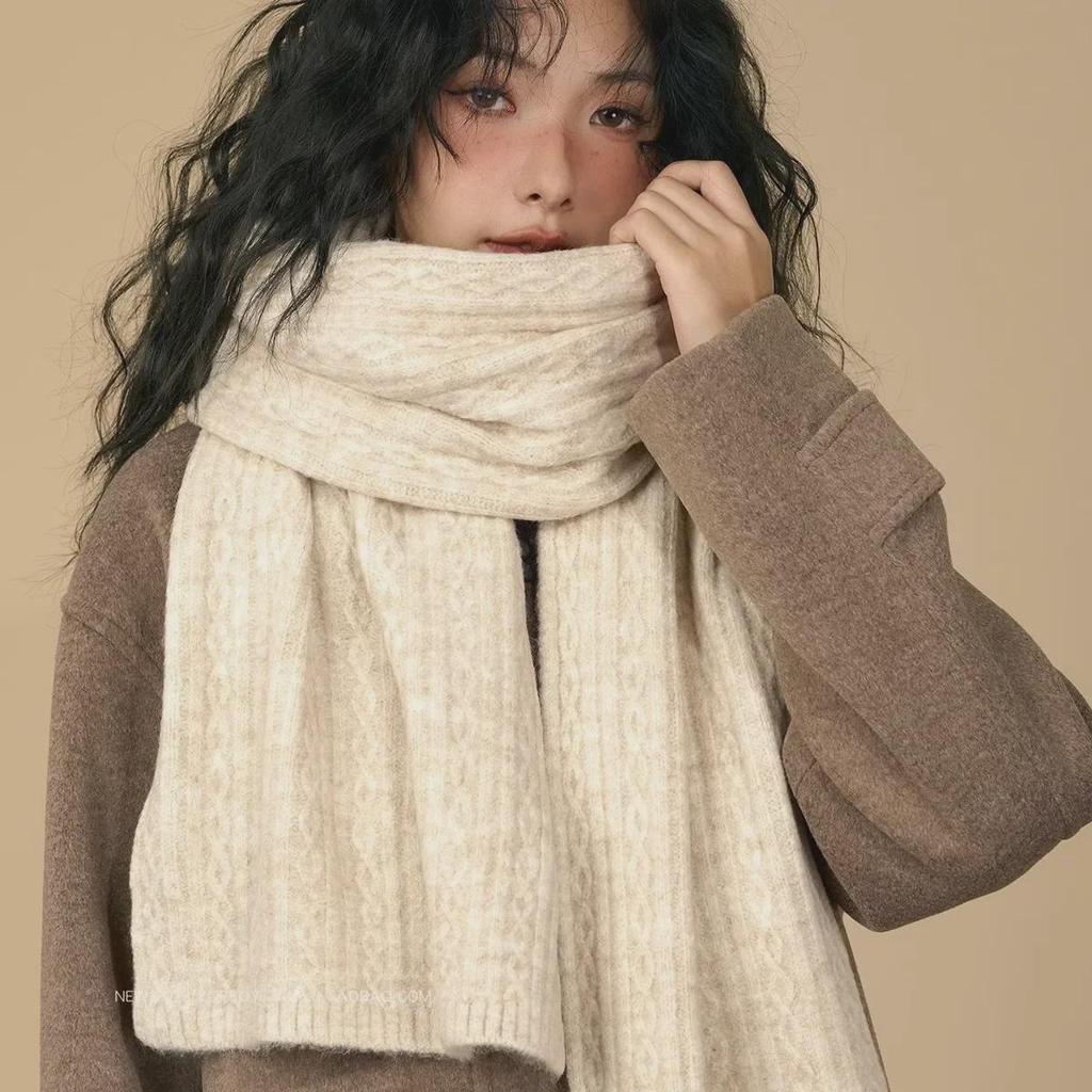 Теплый ретро-белый вязаный шерстяной шарф: Мягкий клейкий рисовый дизайн для женщин и мужчин