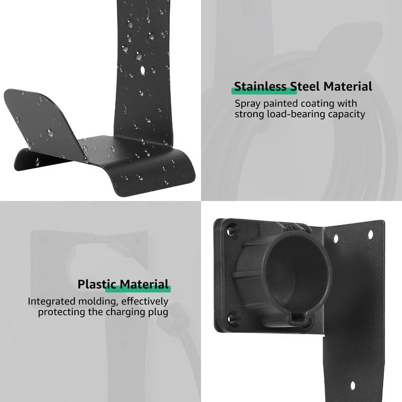 EV Charger Holder for J1772 Connector Holster Stainless Steel Wall Mount Cable Organizer Dock with U-Hook for Electric Vehicle