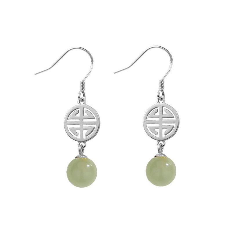 Hetian Jade Ausitive Round Brand Ear Hook Женские ретро этнические переводные круглые бусины серьги из нефрита Country Live Internet Знаменитости