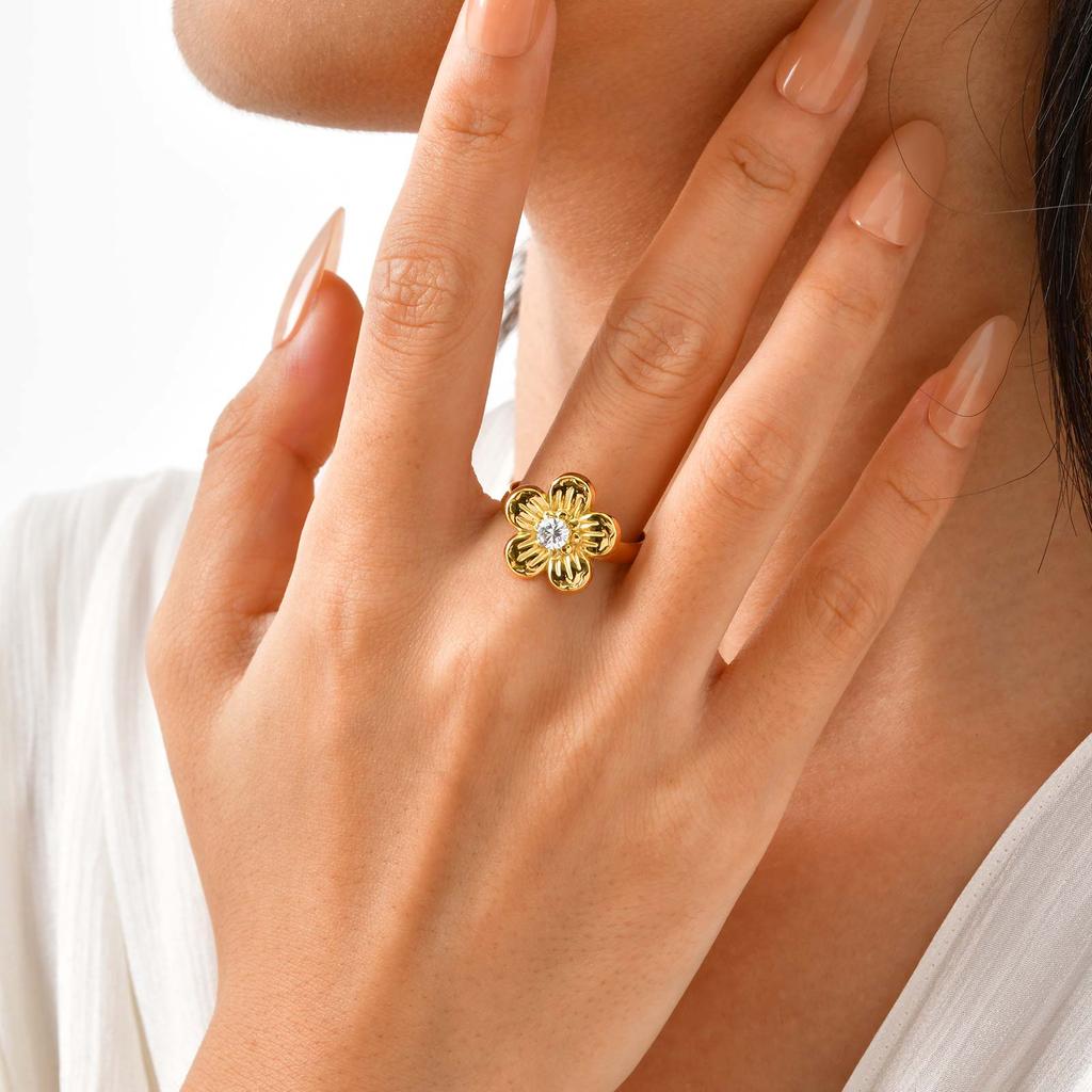 Open Adjustable Flower Ring, Stainless Steel 18K PVD Gold Plated, Waterproof Tarnish Free Trendy Floral Jewelry Gift for Women