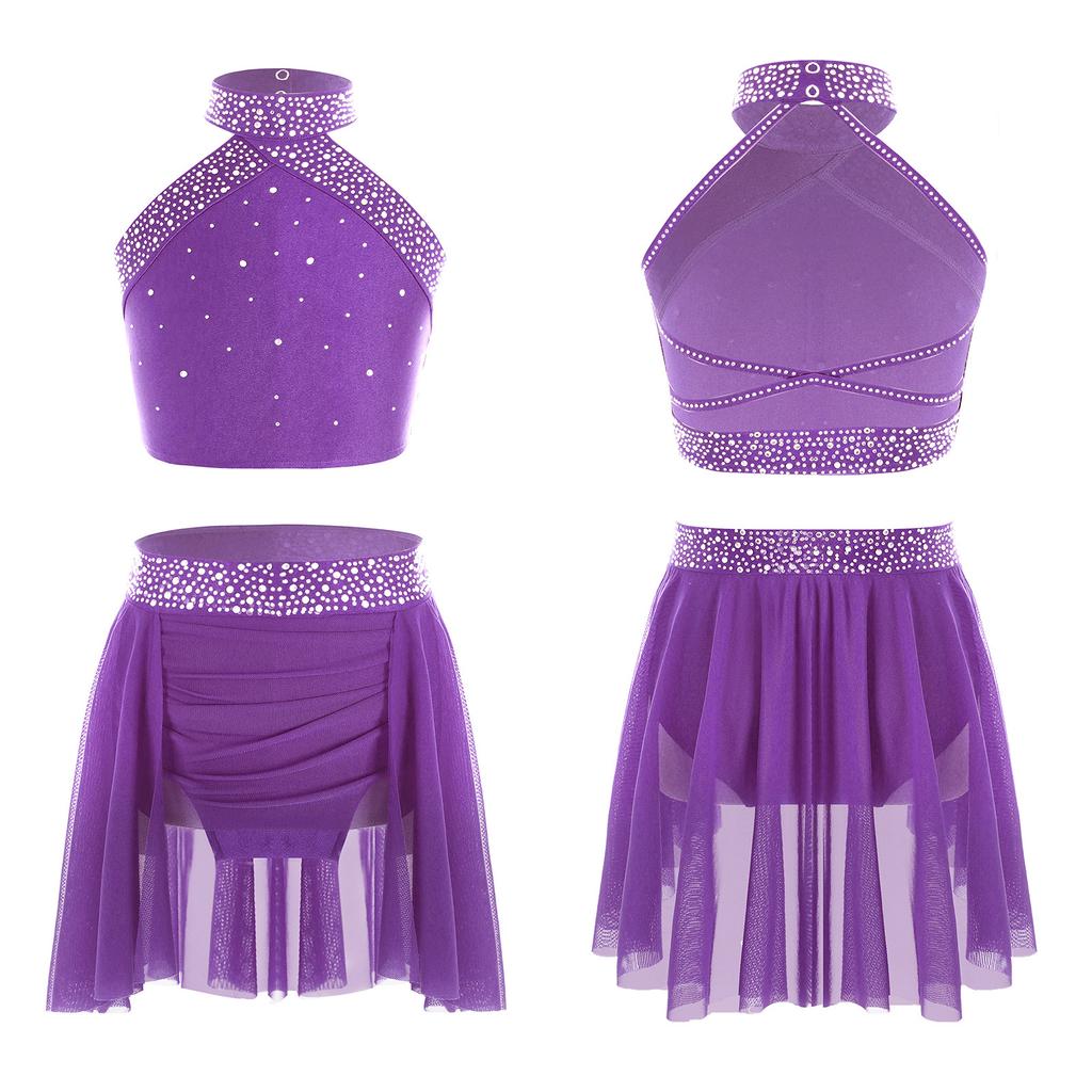 Girls Sparkly Rhinestones Lyrical Ballet Dance Dance Outfit Gymnastics Athletic Activewear Set Dancing Competition Performance