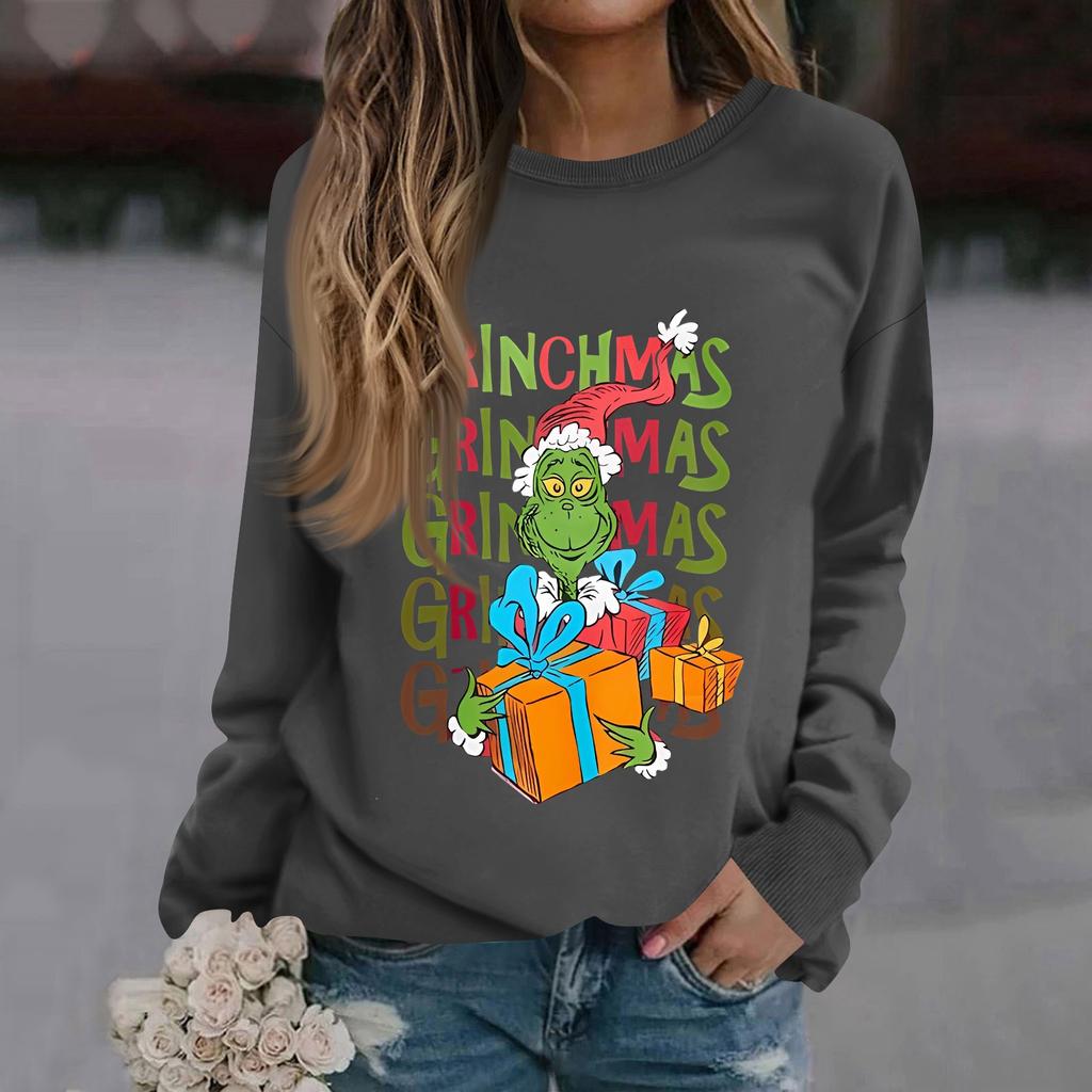 Женская модная повседневная толстовка с длинным рукавом, однотонная, с рождественским принтом, с круглым вырезом