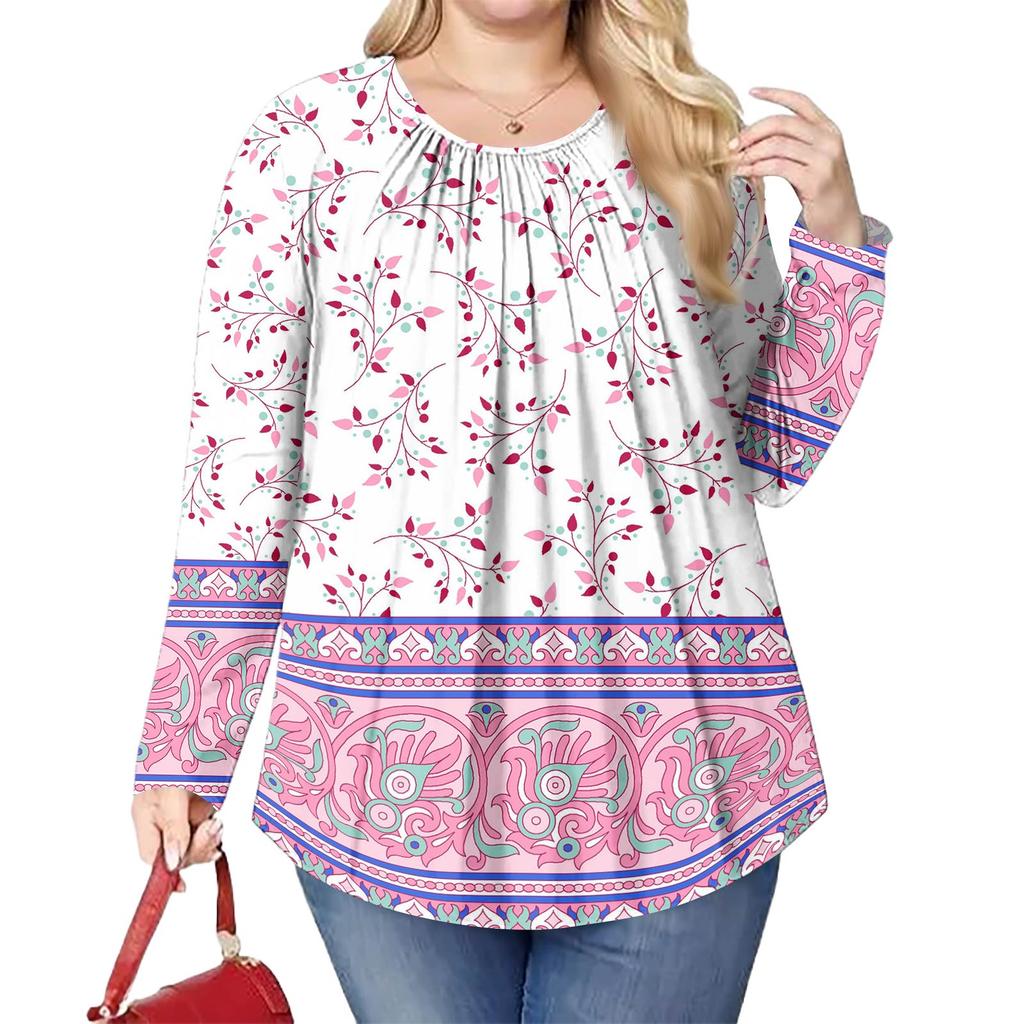 Women's Plus Size Fashion Printed Casual Pleated Round Neck Long Sleeve Top