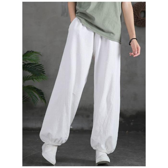Блумеры из хлопка и льна, повседневные эластичные свободные женские брюки с высокой талией, корейская мода, широкие брюки длиной до щиколотки для женщин