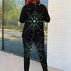 Women Plus Size Black Teal Gold Printed Round Neck Long Sleeve Top And Fitted Pants Two Piece Set