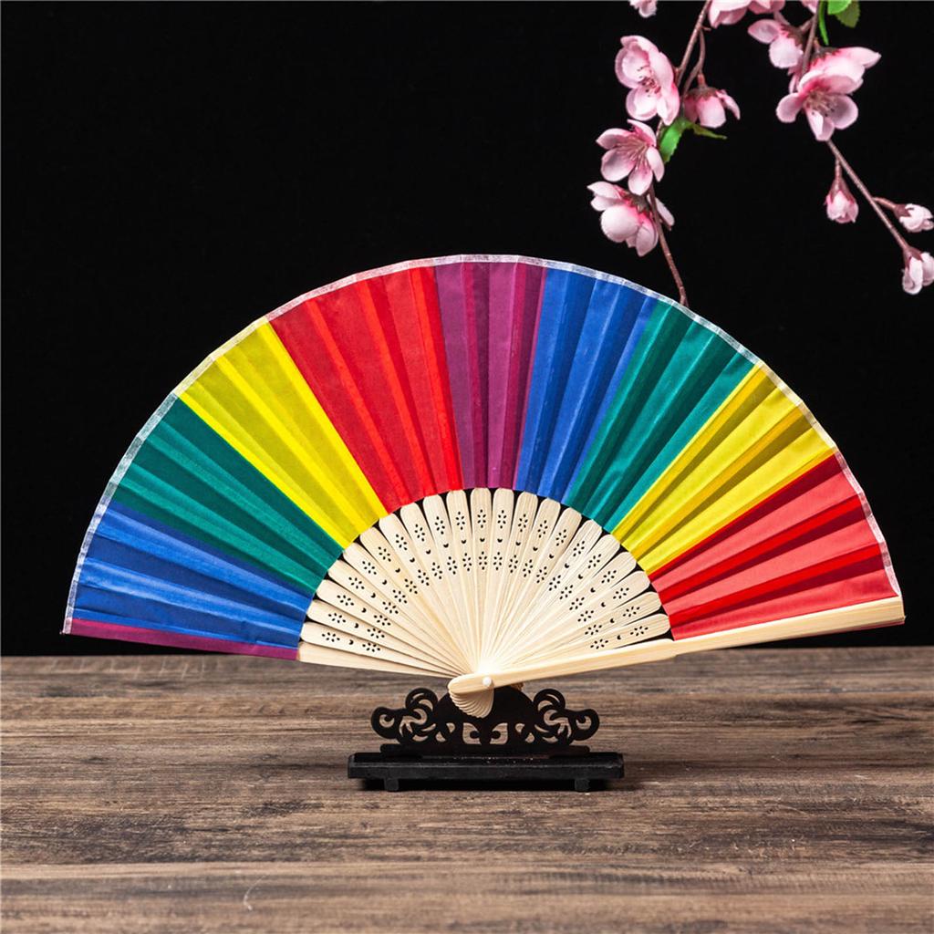 Rainbow Hand Fans Colorful Hand Held Fan Chinease Folding Hand Fan Hand Rave Fan Durable Cloth with Sturdy Bamboo Handle