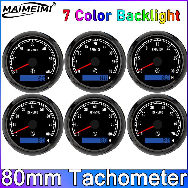 80mm Tachometer 7 Color Backlight 3000- 8000 3K 4K 6K 8K RPM Meter Hours Tacho Gauge Meter For Boat Car Truck Motorbike 12V 24V