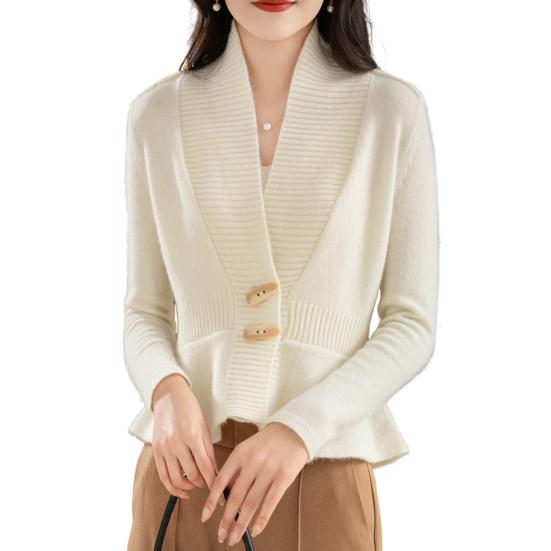 Women Sweater Coat V-Neck Long Sleeve Ruffle Hem Knitting Sweater Solid Color Slim Fit Waist Tight