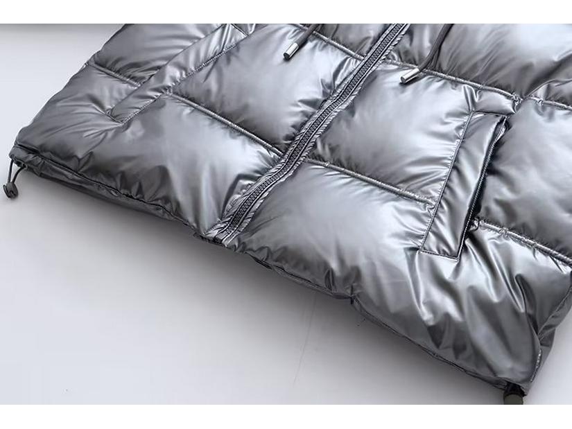 Женская серебристая атласная куртка с капюшоном 2023 года - европейско-американский стиль осень/зима