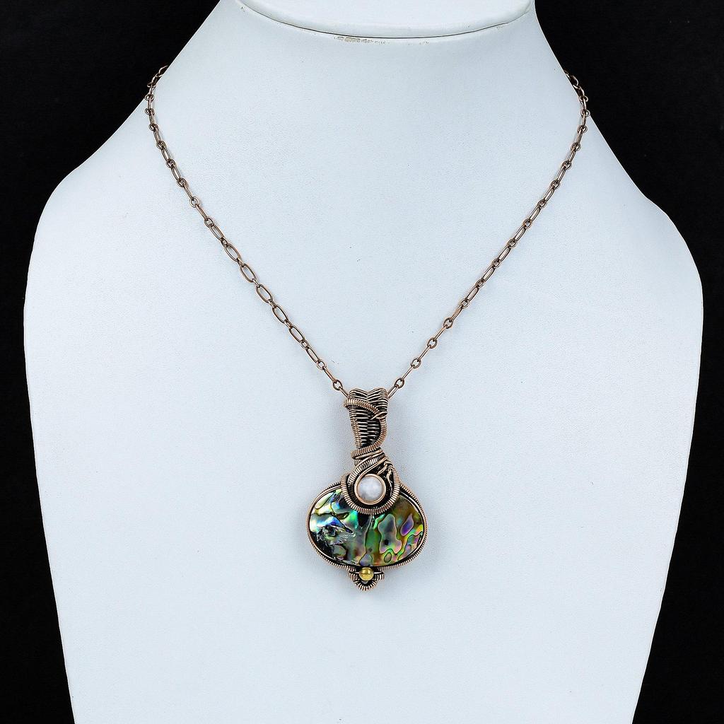 Abalone Shell Pendant Rainbow Moonstone Pendant Copper Wire Wrapped Pendant Gemstone Copper Jewelry Handmade Amazing Pendant Engagement Gift