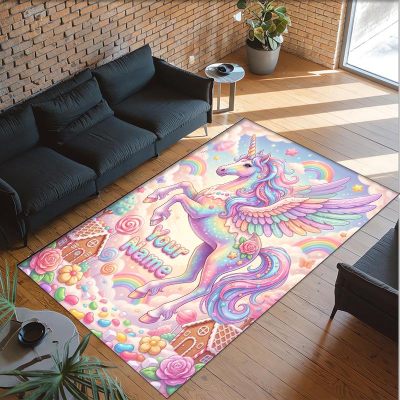 Unicorn Theme Crystal Velvet Floor Rug Personalized Custom Name Text Warm Carpet Home Decoration