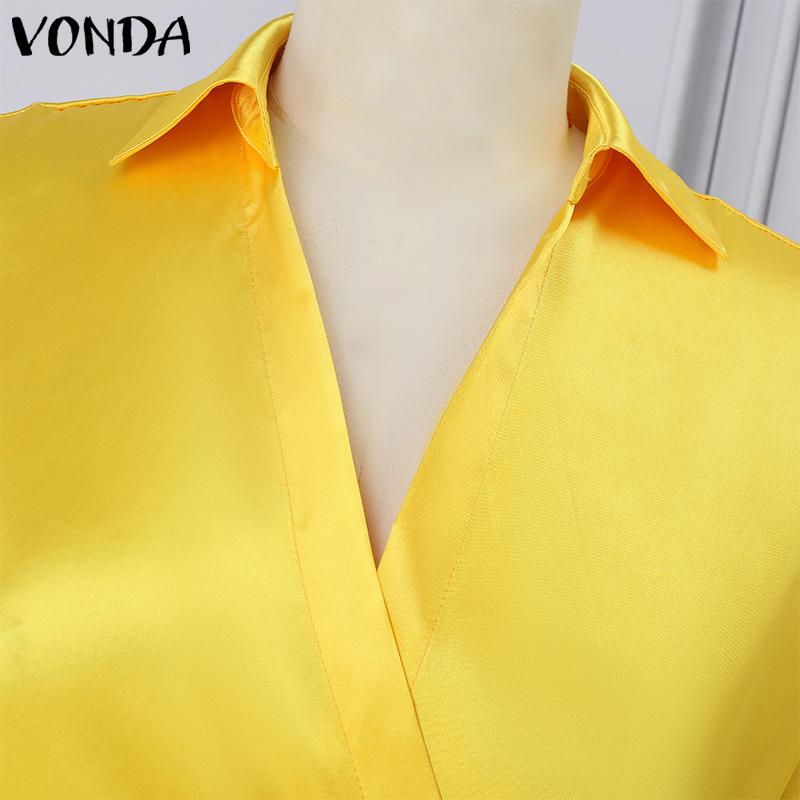 VONDA Женское модное однотонное атласное платье-рубашка с длинным рукавом и разрезом