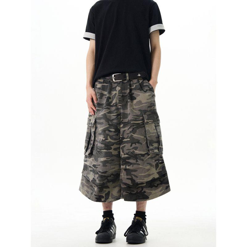 Kisko American Retro Washed Distressed Camouflage Wide-Leg Denim Shorts for Men and Women, New Loose Straight-Leg Cropped Pants