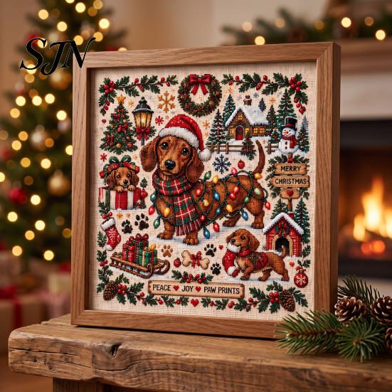 Embroidery Starter Kits for Beginners Christmas Animal Cross Stitch Kit, Holiday Seasonal Handmade Decoration Projects Pattern, Festive Craft