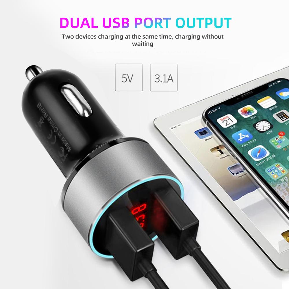 3.1A Dual USB Car Charger 2 Ports LCD Display 12V Car Cigarette Socket Lighter Car Phone Charger For iPhone 12 11 Pro Samsung