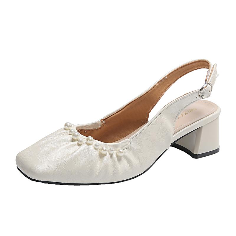 2024 Новый стиль Универсальные туфли с квадратным носком, однотонные туфли с отделкой из бисера, ремешок для ремня сзади, темперамент, однострочный ремешок с пряжкой