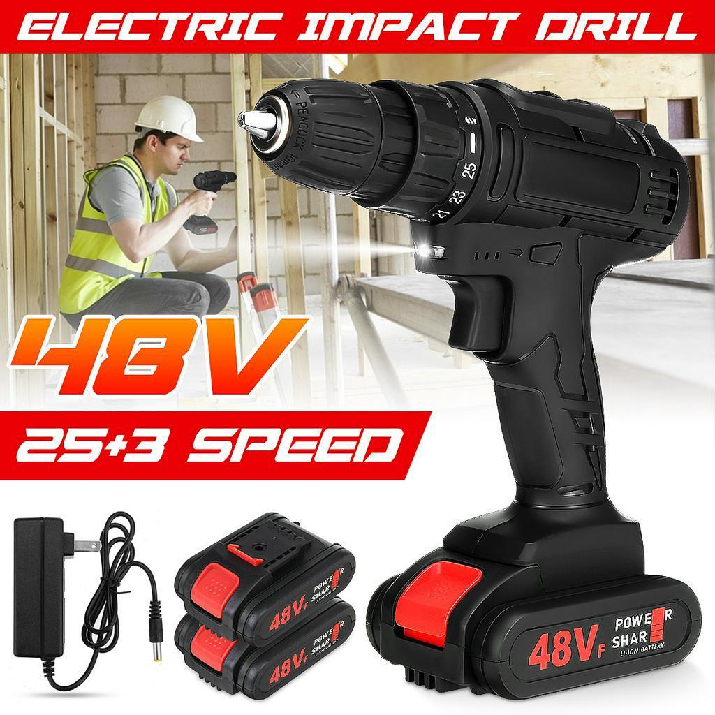 25+3 Speed Cordless Impact Wrench Electric Drill Socket Electric Screwdrive 1/2 Battery US Plug Black 48V
