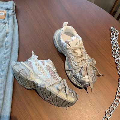 Кожаные кроссовки «папины» женские 2025 осень новая платформа маффин дышащие ремешки повседневная обувь инс интернет-знаменитость спортивная обувь