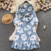 Fashion Flower Print Women Dress Autumn Elegant Vintage Bandage Long Maxi Dress Ruffled Hem Party Vestidos