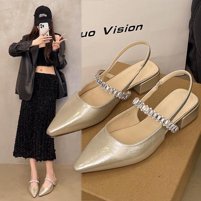 Одно слово со стразами сандалии женские летние новые сумка голова полушлепки толстый каблук туфли острый носок одинарные туфли женская верхняя одежда