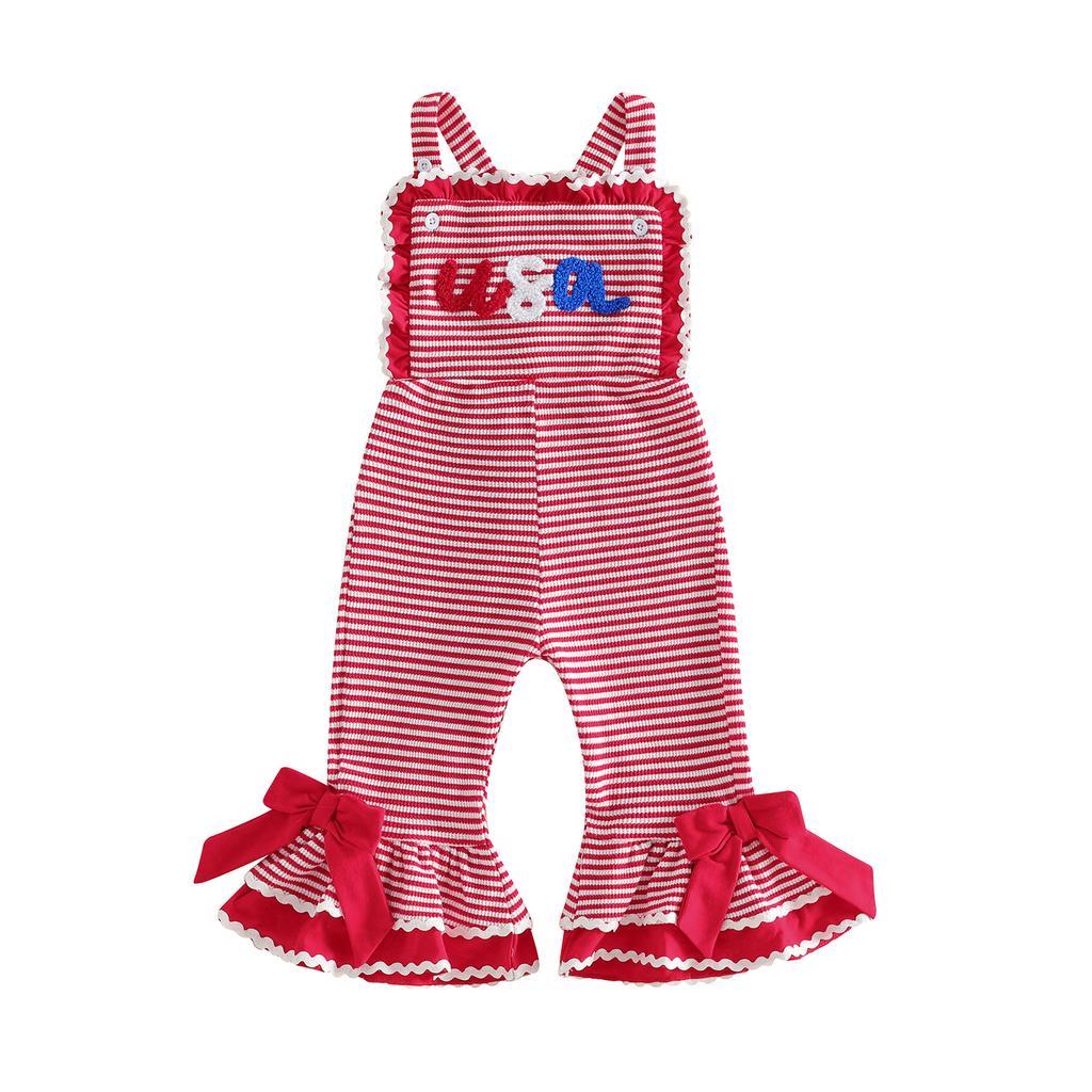 Citgeett Summer Independence Day Toddler Girl Jumpsuit Flag Embroidery Sleeveless Striped Bottom Overall Pants Clothes
