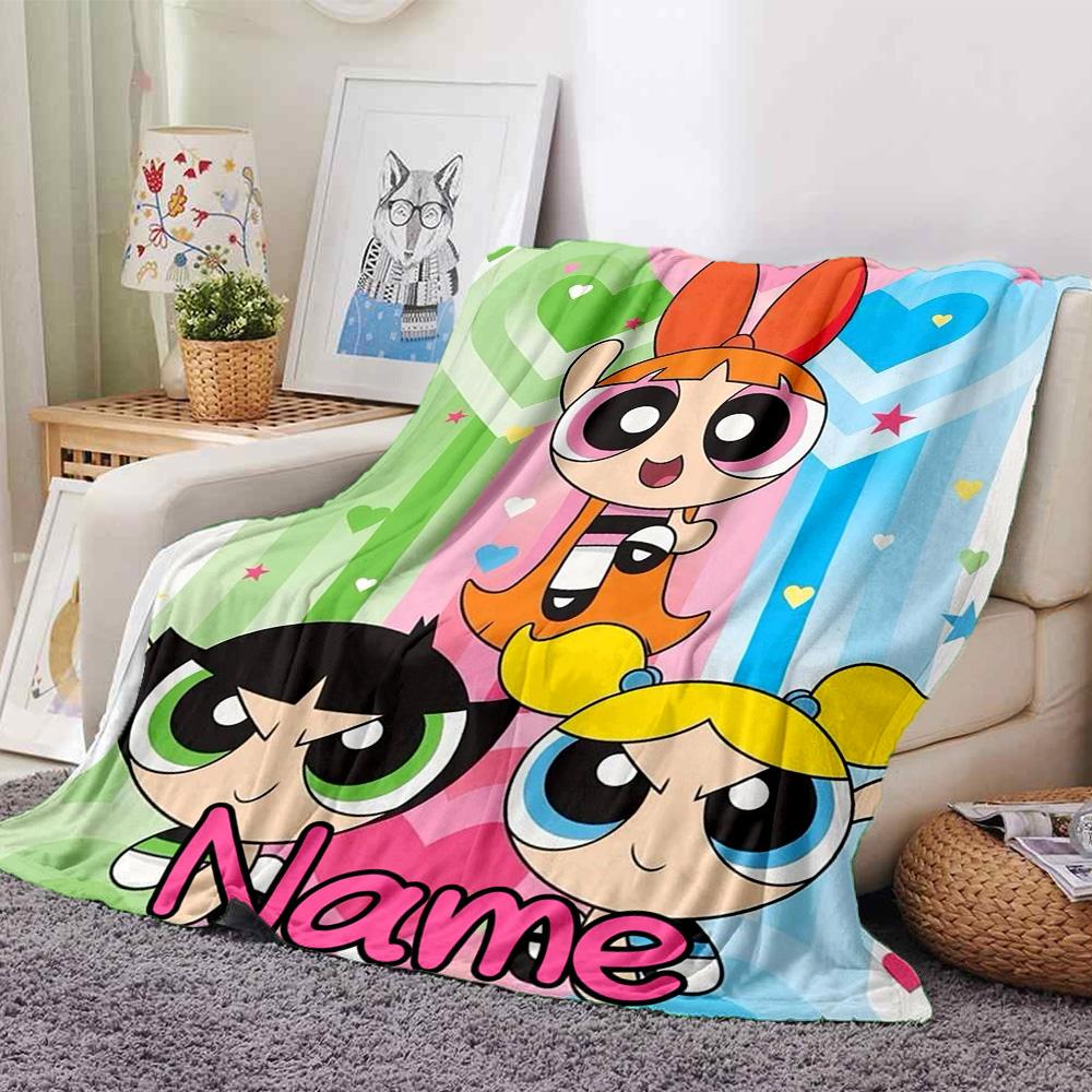 Custom Name Powerpuff Girls Adventure flannel Blanket for Super Soft Cute Comfort Blanket for Travel Bedding Couch Sofa Blanket