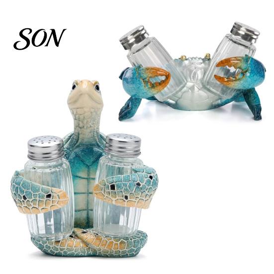Mediterranean Style Home Accessories Sea Turtle Salt Pepper Shaker Set with Holder, Resin Figurine Unique Housewarming Gift for Beach House